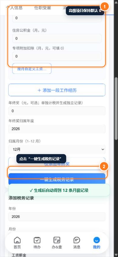 保持其他项目为零并点击一键生成税务记录的界面标注