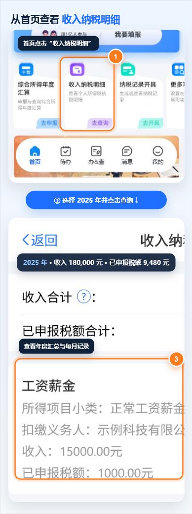 首页收入纳税明细入口、年份选择和结果汇总的界面标注
